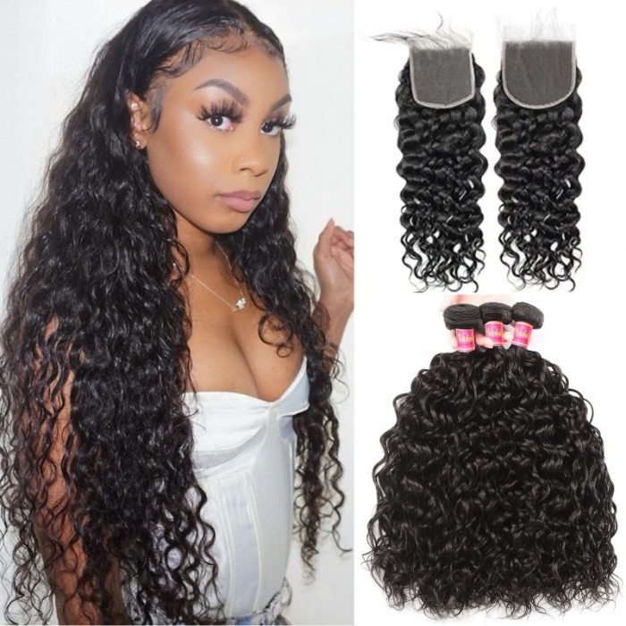 Nadula Good Quality Water Wave Virgin Hair Weave 3 Bundles With Lace Closure 100% Soft Unprocessed Virgin Human Hair