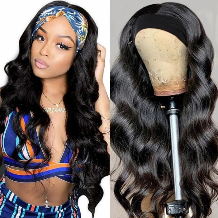 Nadula Headband Wig Body Wave Wigs With Scarf Natural Black Glueless Human Hair No Sew In