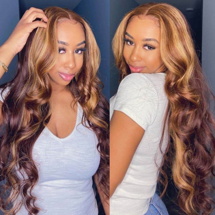 Nadula Highlight Body Wave Wig Brown Piano Color T Part Lace Wig 13x5x0.5 Middle Part Human Hair Wigs