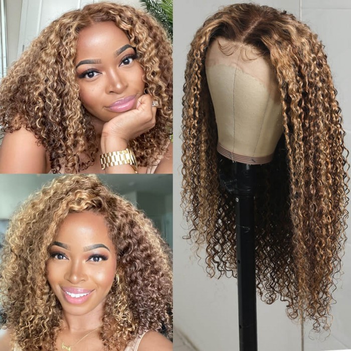 Nadula 14 Inch Highlight Brown Curly Lace Part Wigs Honey Blonde Highlight Wigs 