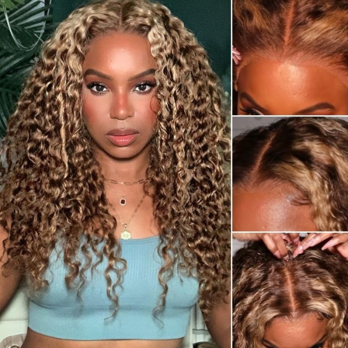 Nadula Pre-Cut Lace Wig Wear and Go Honey Blonde Curly Wave Highlight 150% Density Affordable Wig