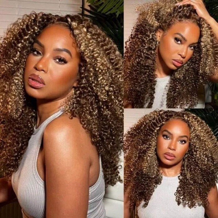Nadula Honey Blonde Highlight 4C Afro Kinky Curly Wigs Pre Cut Lace Glueless Wig