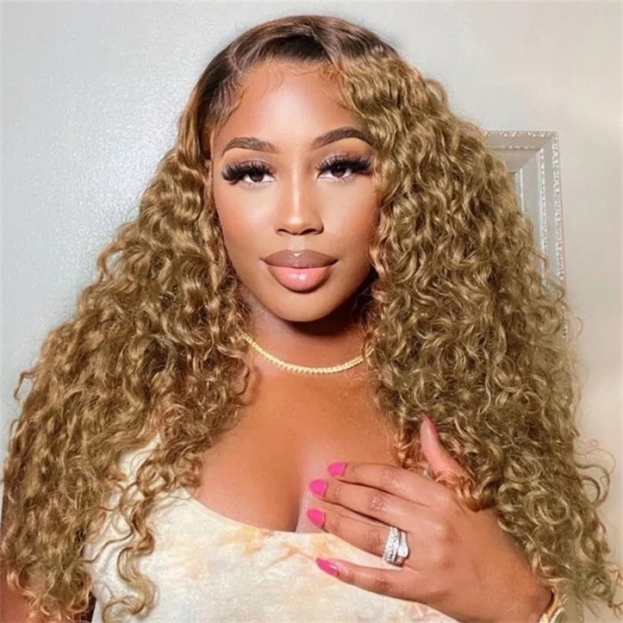 Nadula Honey Blonde Deep Wave Human Hair Wig Ombre Colored Deep Wave Lace Front Wig For Women