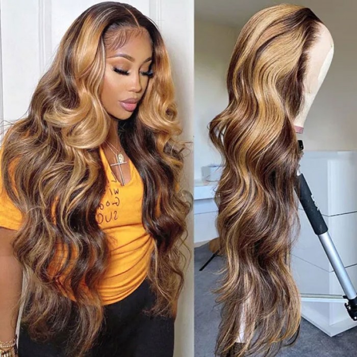 Nadula Piano Honey Blonde Body Wave Lace Wigs Shadow Root Highlight Human Hair Wigs Ombre Wig Body Wave 150% Density