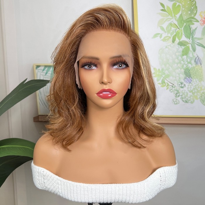 Nadula Shoulder Length Side Part Honey Blonde Highlight Bob Wigs Lace Front 150% Density