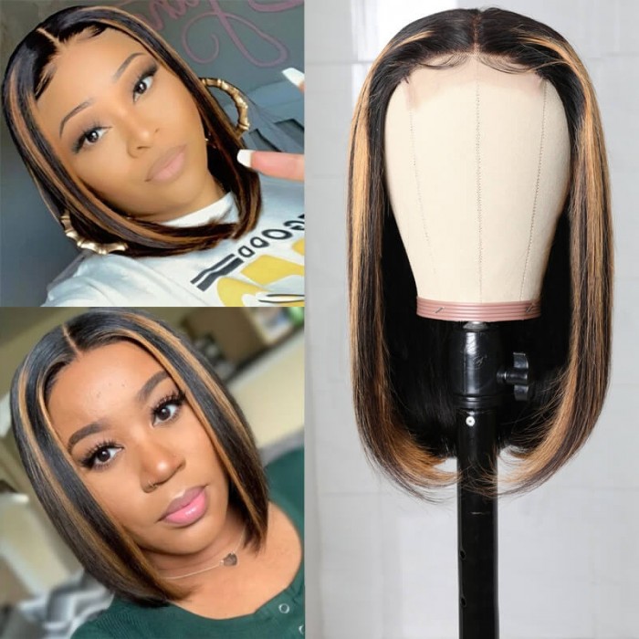 Nadula Flash Sale 14 Inch Honey Brown Highlight Bob Wig Straight T Part Ombre Wigs