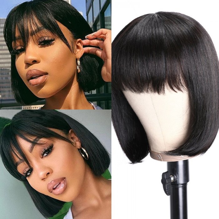 Nadula Bob Wig With Bangs 150% Density Virgin Remy Hair Classic Glueless Wig Lucky Drawn
