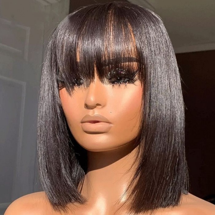 Nadula Human Hair Bob Wig With Bangs 150% Density Virgin Remy Hair Glueless Wig