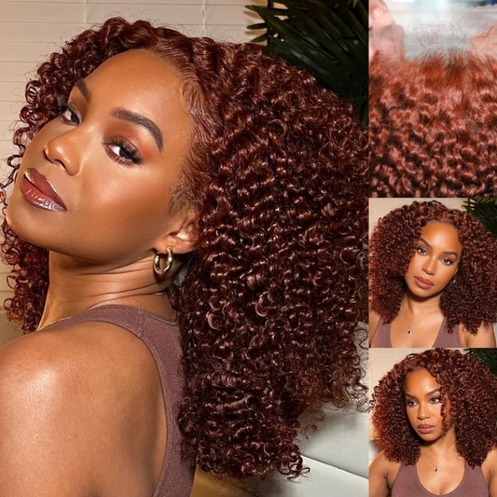 Nadula #33 Reddish Brown Perfect Hair Color 4C Afro Kinky Curly Pre Cut Lace Wigs