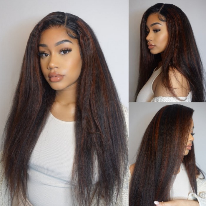 Nadula Highlight Reddish Brown 4C Kinky Straight 13x4 Lace Front Wig With Dark Roots