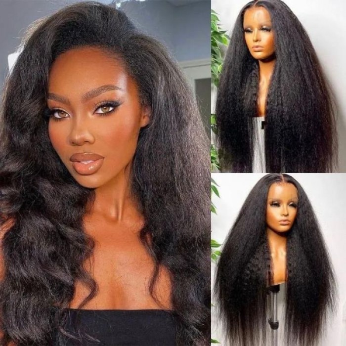 Nadula Kinky Straight Lace Frontal Wig Pre Plucked With Normal or Curly Baby Hair Edges 13x4 Virgin Human Hair Wigs 150% Density