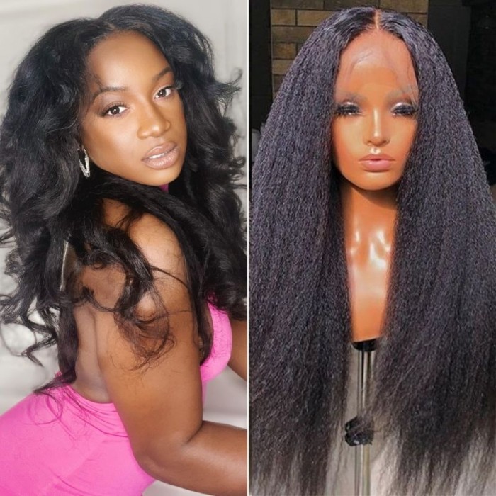 Nadula Kinky Straight T Part Wig Remy Hair Wigs Middle Part Affordable Hand Tied Lace Wigs Pre-Plucked Natural Hairline