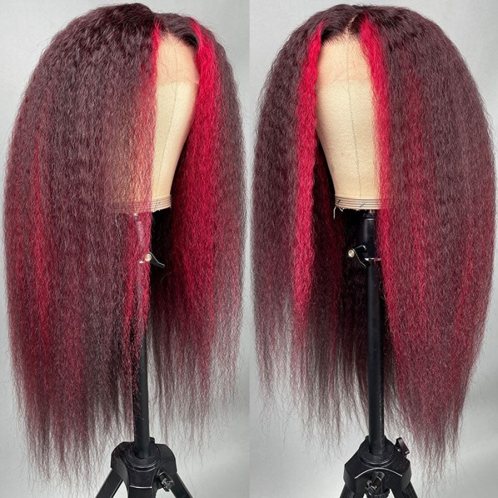 Nadula Dark Burgundy Mixed Red Color Highlights Kinky Straight Lace Front Wig