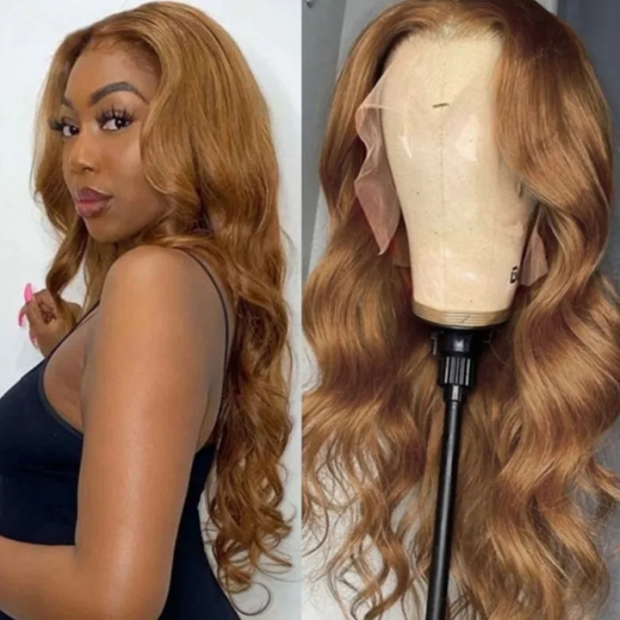 Nadula Lace Front Body Wave Piano Highlight Golden Brown Color Wig With Pre Plucked Human Hair Balayage Wig