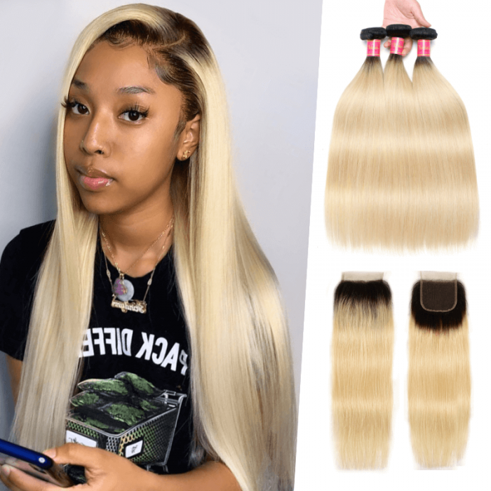 Nadula Light Color 4 Bundles Virgin Straight Hair Weave With Lace Frontal Closure 1B/613