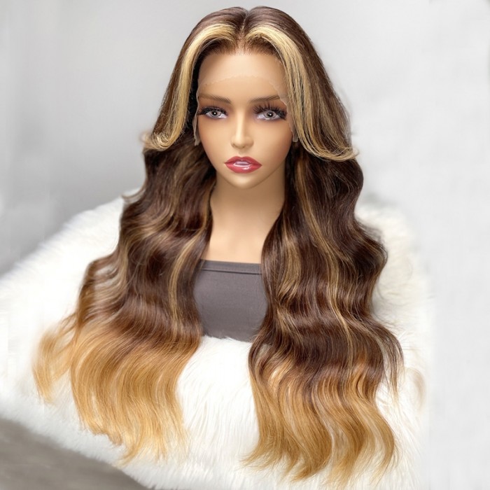 Nadula Flash Deal Long Wolf Cut Curtain Bangs Brunette Chestnut with Blonde Highlights Lace Front Wave Wigs