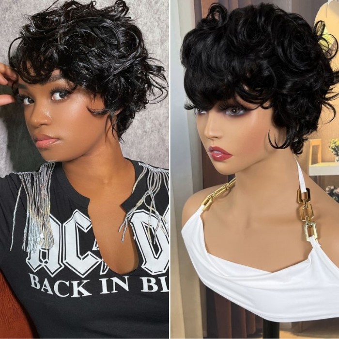Nadula Loose Curly Pixie Cut Wig Short Side Part Human Hair Wigs For Women Easy to Install Glueless Wig