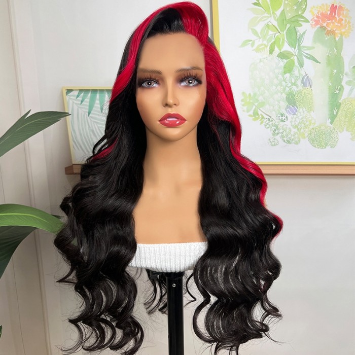 Naudla Red Roots Lace Front Wig Long Skunk Stripe Human Hair Wig