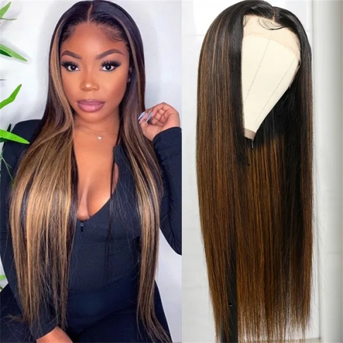 Nadula 16 Inch Middle Part Straight Human Hair Wigs  Ombre Color #FB30 Balayage Blonde Highlights Wigs