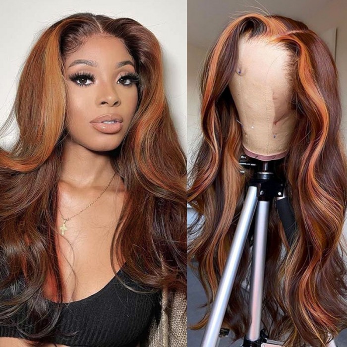 Nadula Whatsapp Flash Deal Money Piece Brown Face-framing Highlights On Aark Auburn Hair Wigs 13*4 Lace Front Body Wave Wig With Baby Hair