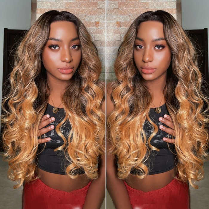Nadula Ombre Golden Brown Balayage Lace Front Wig Honey Blond Color Natural Wave Wig 180% Density Human Hair Wig Bleached Knots