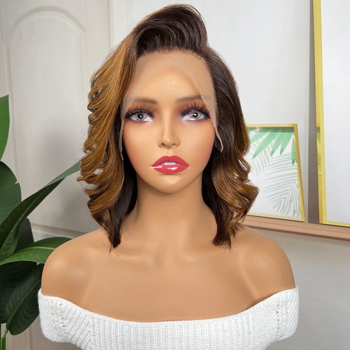 Nadula Dark Brown Side Part Short Bob Human Hair Wig Ombre Face Framing Hair