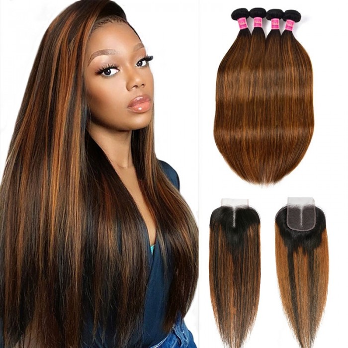 Nadula 4 Bundles Balayage Ombre Straight Human Hair With Lace Closure #1B/30 Ombre Balayage Human Hair Pre Plucked