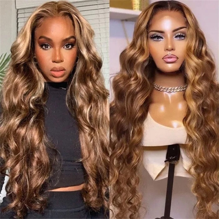 Nadula Piano Honey Blonde Body Wave Lace Front Wigs Shadow Root Highlight Human Hair Wigs Ombre Wig Body Wave 150% Density