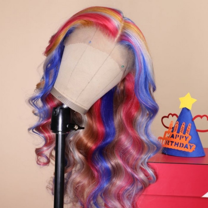 Nadula 22inch Rainbow Multi-Colored Human Hair Wigs Pink-blue Christmas Highlight Wig