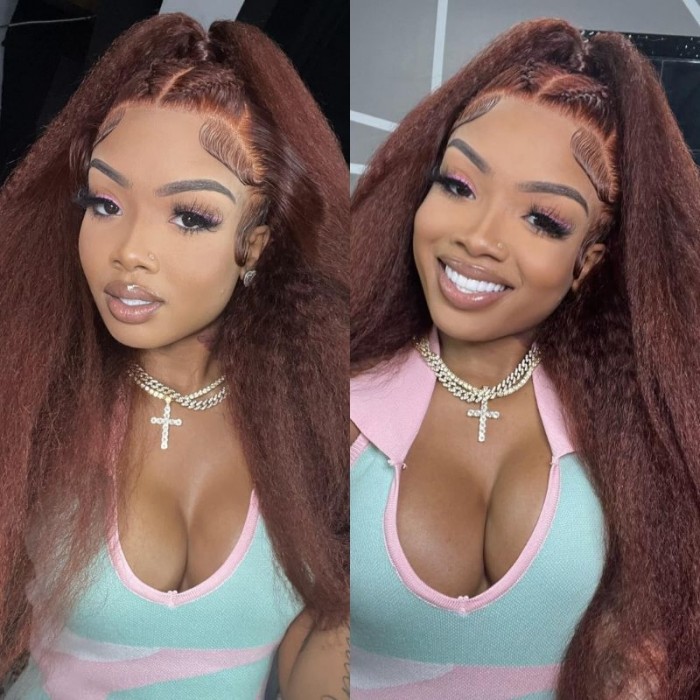 Nadula $100 Off 13x4 Lace Front Kinky Straight #33B Red Brown Color Wig With Super Natural Hairline