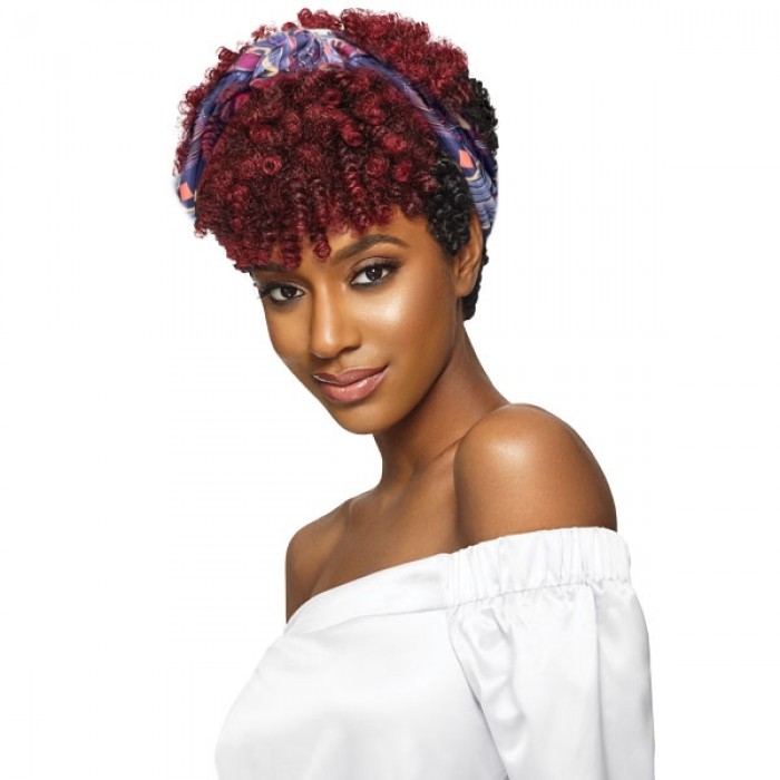 Nadula Glueless Red Mix Purple Highlight Short Bouncy Curly Headband Wig With Bangs