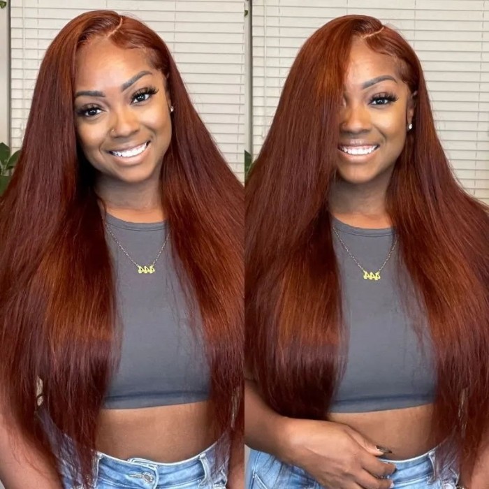 Nadula Whatsapp Flash Deal 13x4 Lace Front Kinky Straight #33B Red Brown Color Wig With Super Natural Hairline