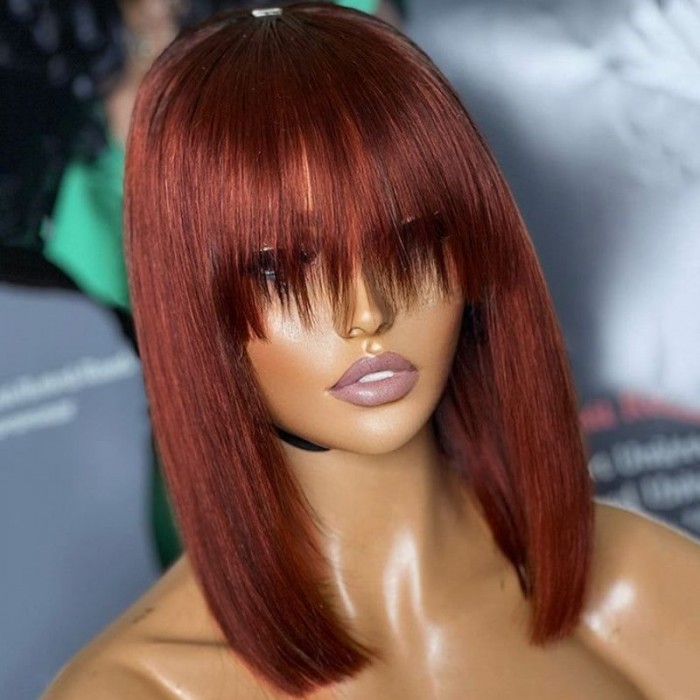 Nadula Reddish Brown Straight Lace Part Bob Wig With Bangs Put On And Go