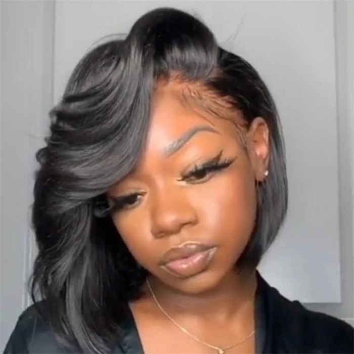 Nadula Short Asymmetrical Straight Bob Wigs Pre Plucked Lace Front Bob Wigs With Side Part