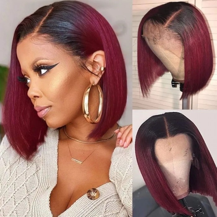 Nadula Short Bob Ombre 99J Straight Bob Wig Pre Plucked 4x4 Lace Closure Wig Red Wine Color Hair