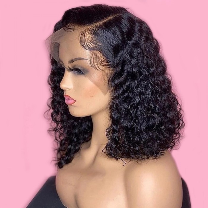 Nadula Short Bob Wig Curly Lace Wig 150% Density Wig 100% Human Hair Pre-plucked Natural Hairline 10 Inch