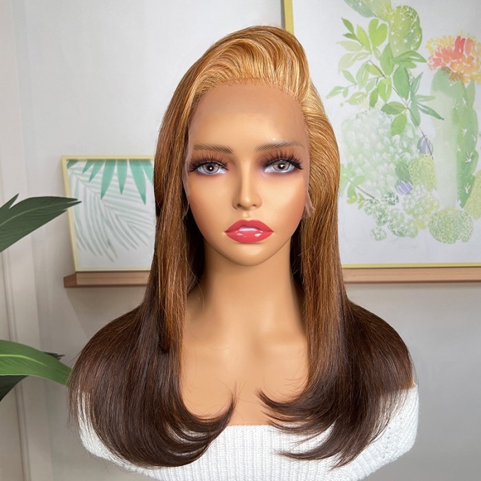 Naudla Reverse Ombre Hair Blonde Short Bob Wigs 13x4 Lace Front Wig Layer Cut For Women