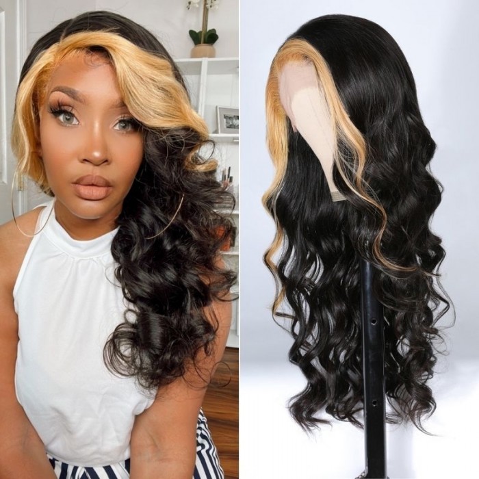 Nadula Skunk Stripe 13x4 Lace Front Loose Wave Wigs 150% Density Black Hair With Honey Blonde Highlights Wig For Women