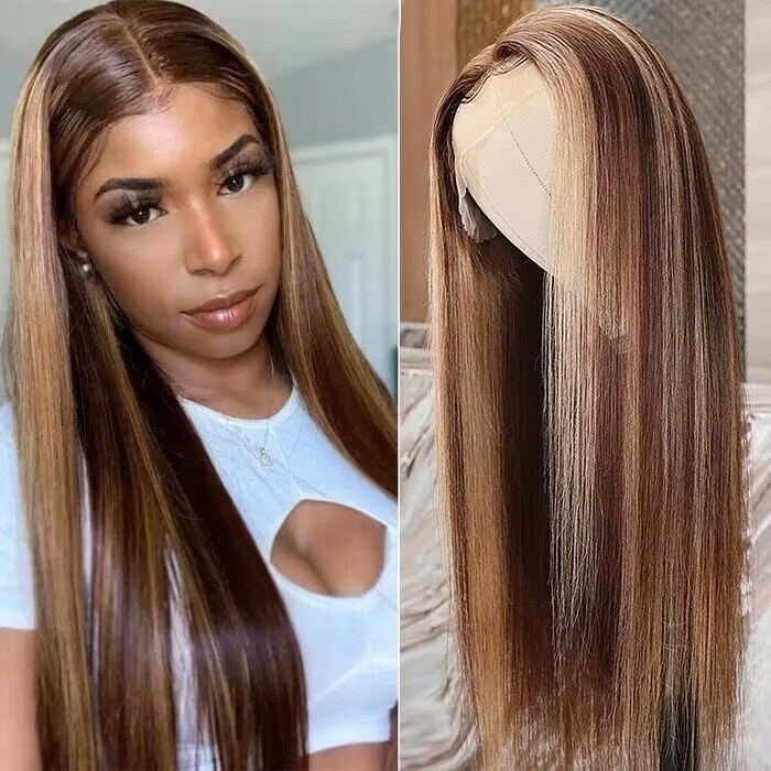 Nadula Straight Brown Hair With Honey Blonde Highlights T Part Wig Straight Human Hair