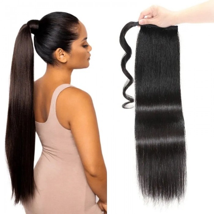 Nadula Straight Clip In Weave Ponytail Hair Extensions Human Hair Wrap Around High Ponytail With Weave