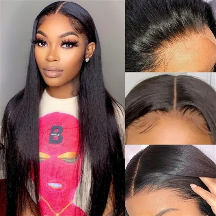 Nadula Buy One Get One Free 14 Inch Straight Middle Part Lace Wigs Pre Plucked Natural Hairline Long Wig With Baby Hair T Part Wig
