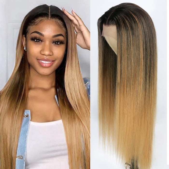 Nadula Straight Ombre Golden Brown Balayage 13*4 Lace Front Human Hair Wig With Baby Hair Shadow Root Fashion Wig