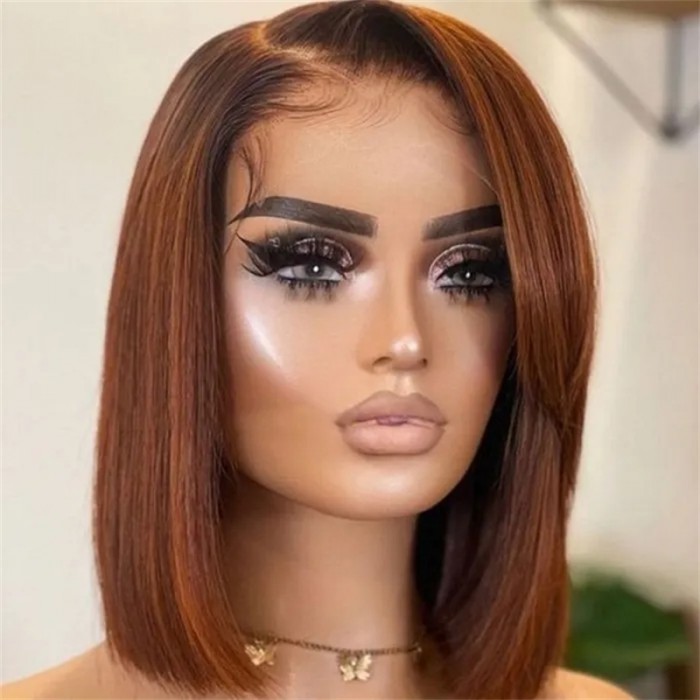 Nadula Copper Red Straight Short Bob Wig #33 Dark Auburn Color Lace Front Wig 