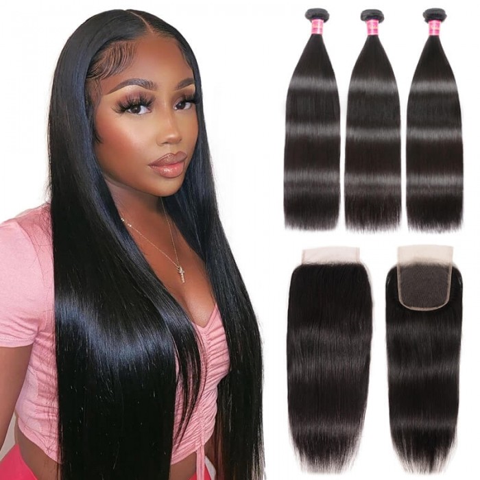 Nadula Straight Virgin Hair Weave 3 Bundles With Lace Closure Soft Unprocessed Virgin Human Hair