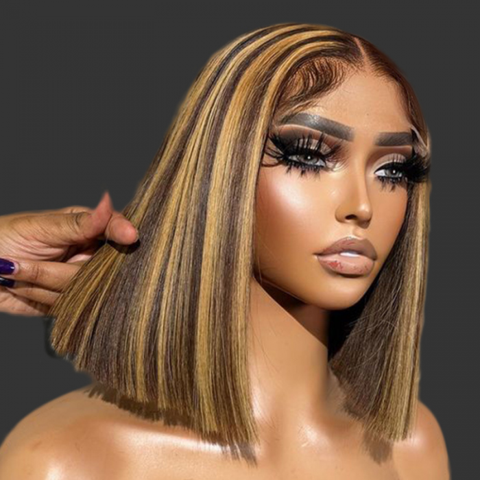 Nadula Highlight Straight Bob Wigs With Natural Hairline 4x0.75 Inch T Part Lace Middle Part Wigs With Bangs