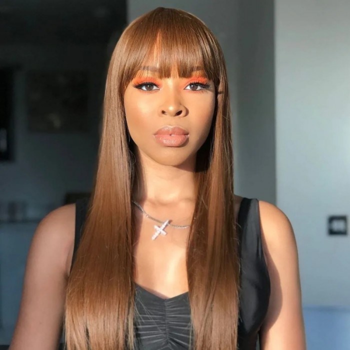 Nadula Chocolate Brown Color Straight With Bangs Classic Cap Layer Cut Wigs