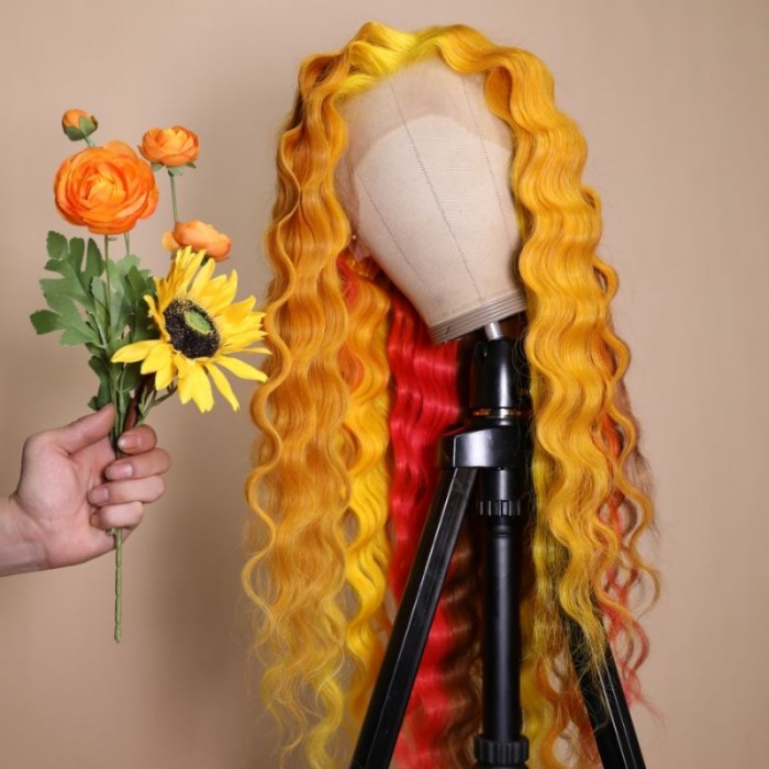 Nadula Sunflower Human Hair Wigs Red Orange Lace Frontal Wigs 24 Inch