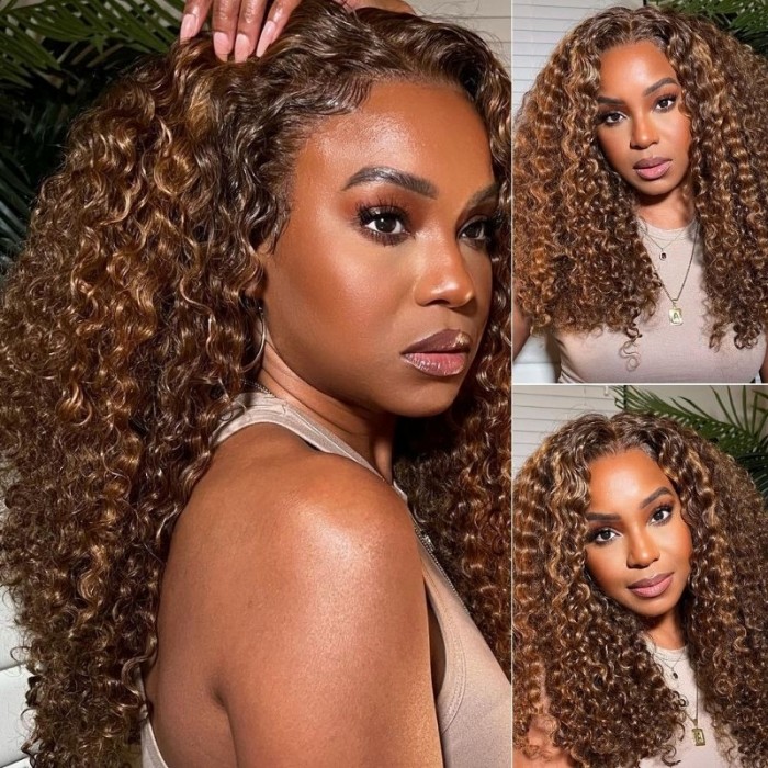Nadula T Part Honey Blonde Highlight Brown Curly Lace Wigs Pre Plucked Highlight Jerry Curly Human Hair Wig With Baby Hair
