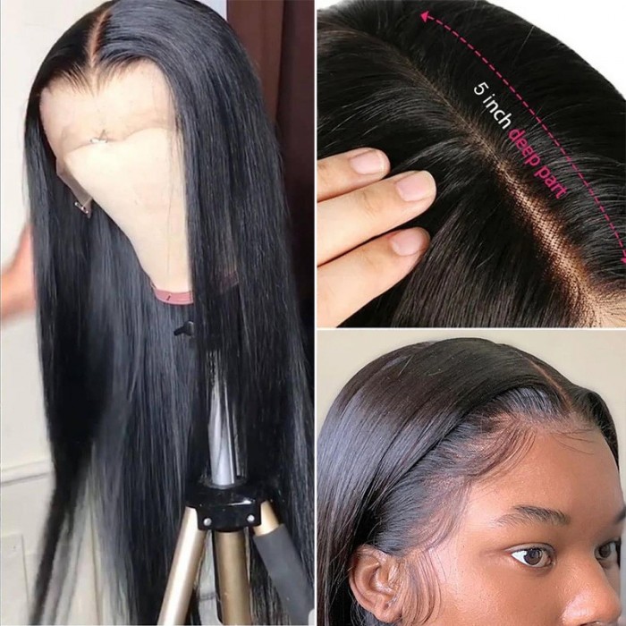 Nadula Points For Free Hair  16 Inch 13 By 5 By 0.5 Inch T Part Lace Wig Straight Human Hair Middle Part Lace Wig