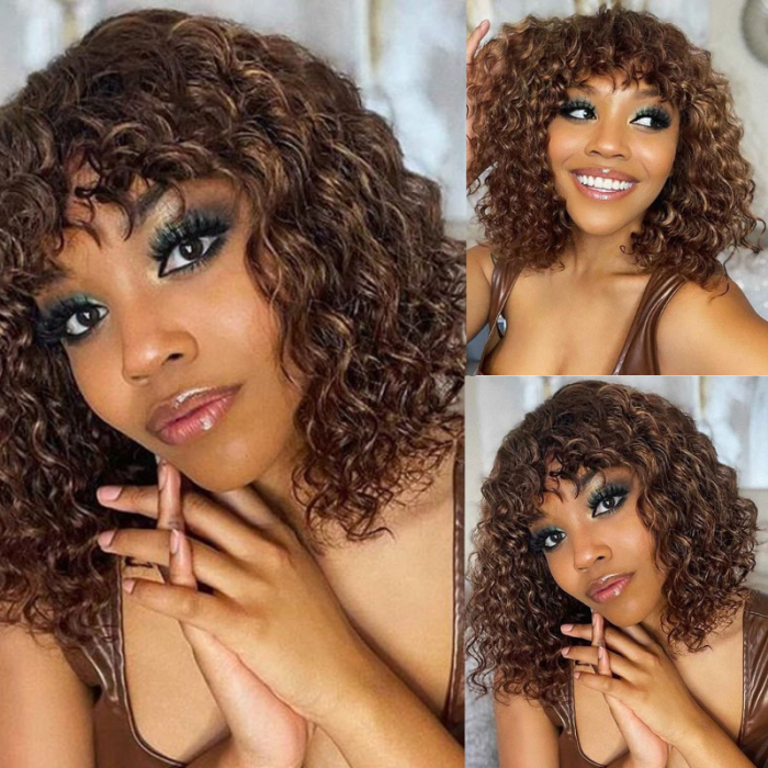 Nadula Glueless Air Wig Honey Blonde Bouncy Curly Bob Wig With Bangs